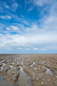 Scenic view of beach against blue sky