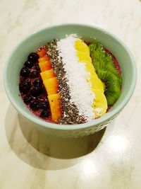 High angle view of dessert in bowl on table