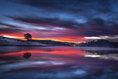 Scenic view of lake against dramatic sky during sunset