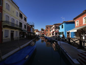 Canal amidst buildings against clear blue sky