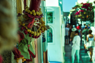 Santorini, greece - toy joker kept as a decorative item in front of a shop in the commercial street