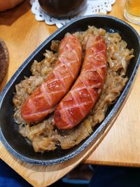 High angle view of meat in bowl on table