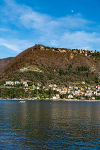 Scenic view of lake by mountain against sky