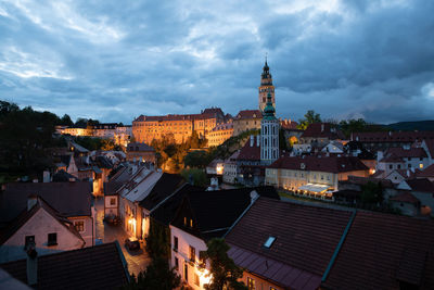 High angle view of illuminated buildings in city