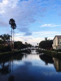 Scenic view of lake by palm trees and buildings against sky