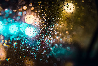 Full frame shot of wet car window at night