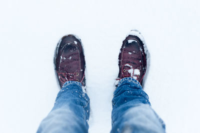 Low section of person standing on snow