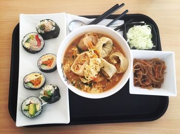 High angle view of food served on table