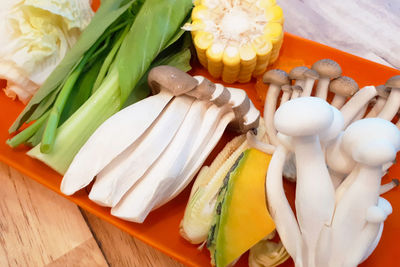 High angle view of chopped vegetables on table