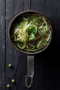 High angle view of salad in bowl on table