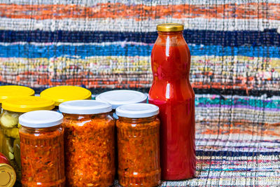 Close-up of bottles on table