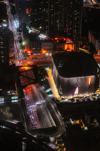 High angle view of illuminated cityscape at night