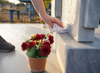 Close-up of hand holding rose bouquet