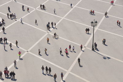 High angle view of people on street in city