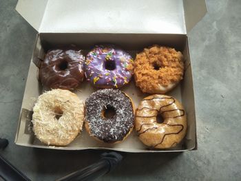 High angle view of donuts on table