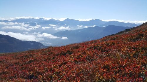Scenic view of mountains against sky during autumn