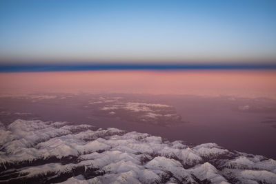 Aerial view of sea against sky during sunset