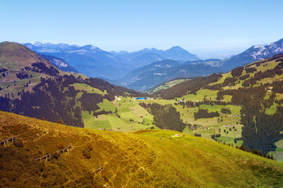 Scenic view of mountains against clear blue sky