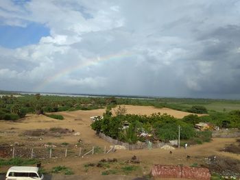 Scenic view of agricultural field against sky