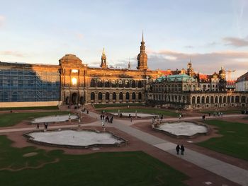 High angle view of historic building against sky