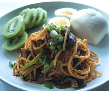 High angle view of food served in plate on table