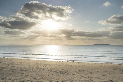 Scenic view of beach against sky during sunset