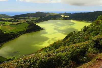 High angle view of river passing through mountains