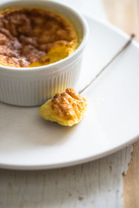 Close-up of creme brulee on table