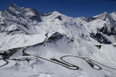 Scenic view of snowcapped mountains against clear sky