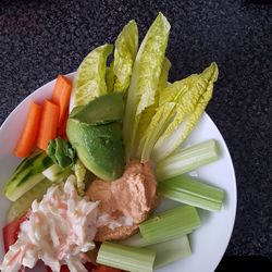 High angle view of chopped vegetables in plate