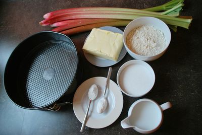 High angle view of ingredients for baking rhubarb cake