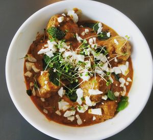 High angle view of food served in plate