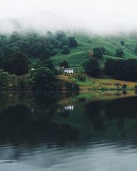 Scenic view of lake by trees against sky