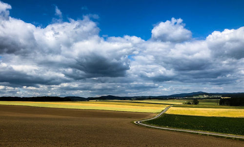 Scenic view of agricultural field against sky