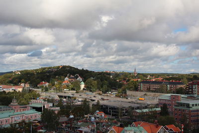 High angle shot of townscape against sky