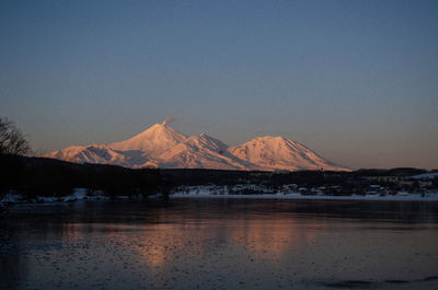 Scenic view of lake by snowcapped mountains against clear sky