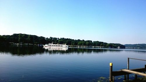 Scenic view of calm lake against clear sky