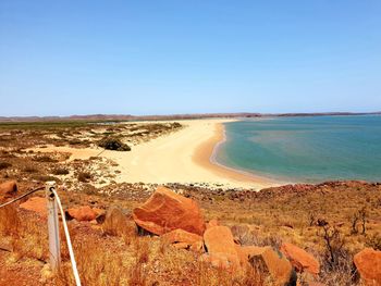 Scenic view of beach against clear blue sky