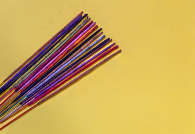 High angle view of multi colored pencils on table