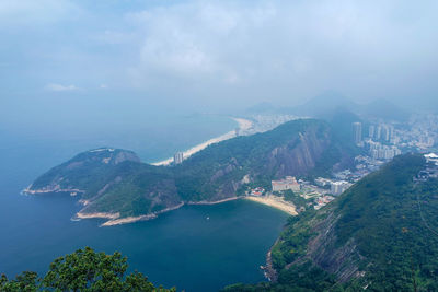 Scenic view of sea and mountains against sky