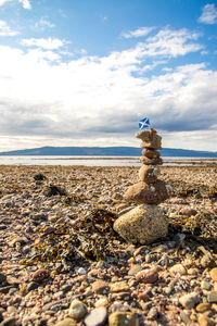 Rocks on beach against sky