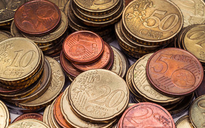 High angle view of coins