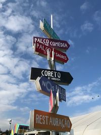 Low angle view of road sign against sky