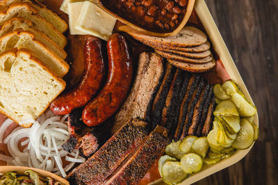 Top down shot of a tray of texas barbecue