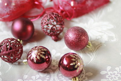 High angle view of christmas decorations on table