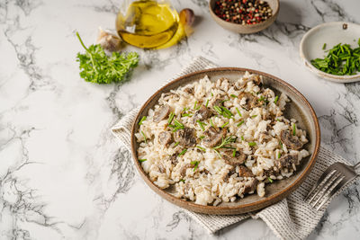 High angle view of food in bowl on table