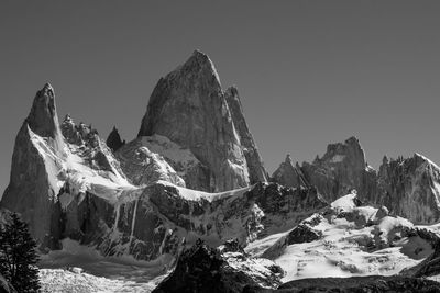 Panoramic view of snowcapped mountains against clear sky