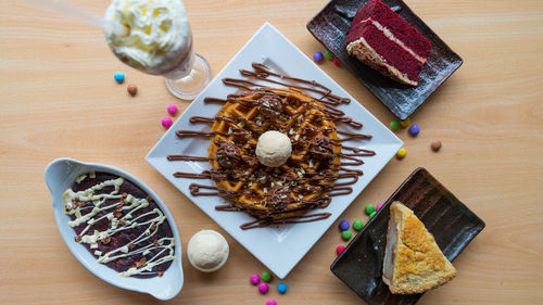 High angle view of breakfast on table