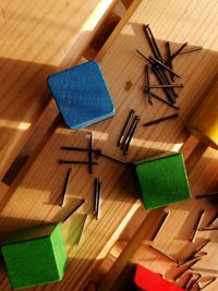 High angle view of multi colored pencils on table