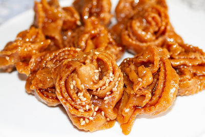 High angle view of meat in plate